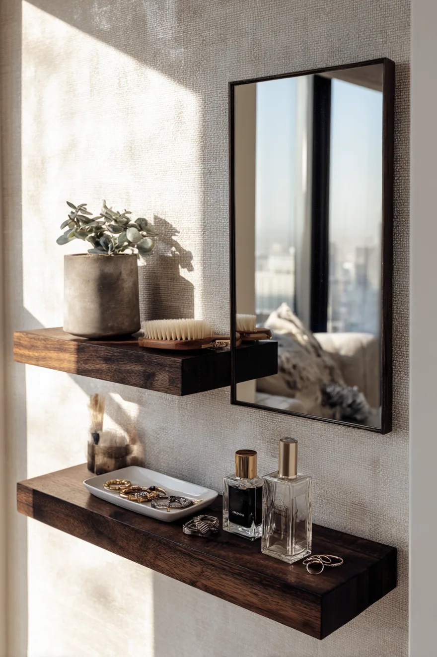 Dark wood floating shelves next to a bathroom mirror holding rolled white towels, a small green plant, and everyday skincare bottles on a marble tray.