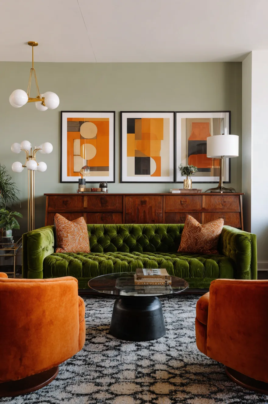A living room seating area featuring a classic mid-century modern olive green sofa paired with a warm wood accent chair and a vintage patterned rug.