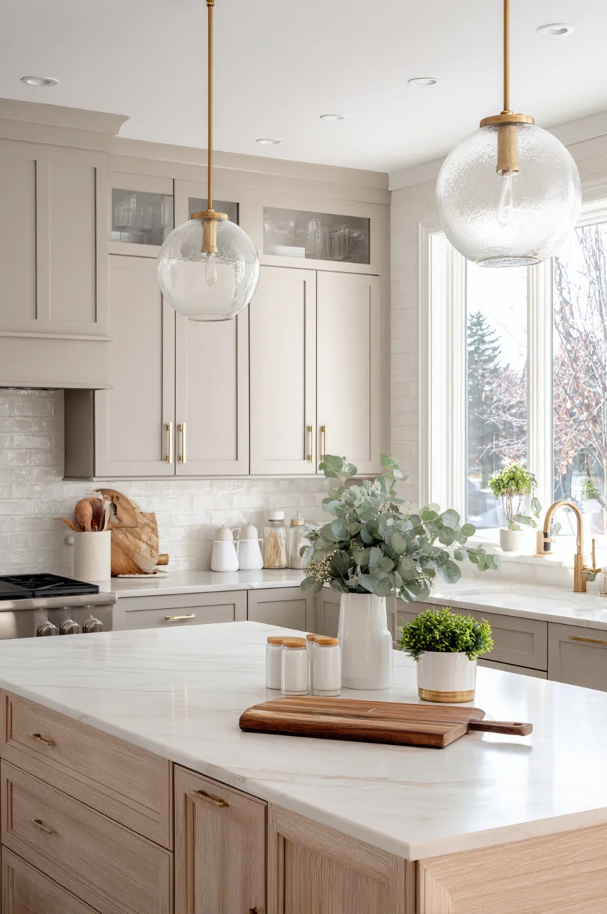 Two tone kitchen featuring warm light gray upper and lower cabinets against the wall and a natural wood kitchen island with a white marble countertop and glass pendant lights.