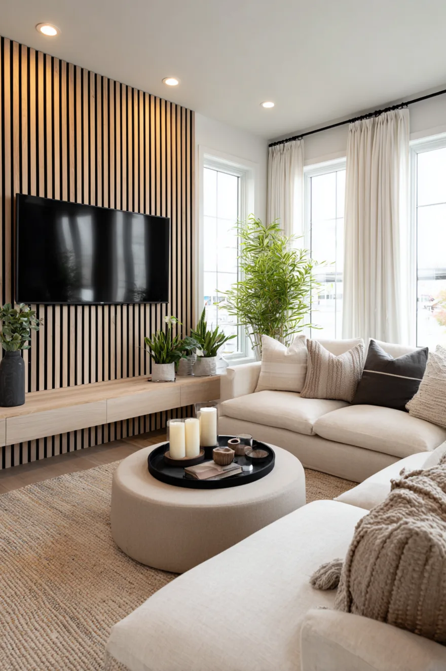 Living room featuring a flat screen TV mounted on a light wood vertical slat wall above a floating dark wood media console, surrounded by minimalist decor.