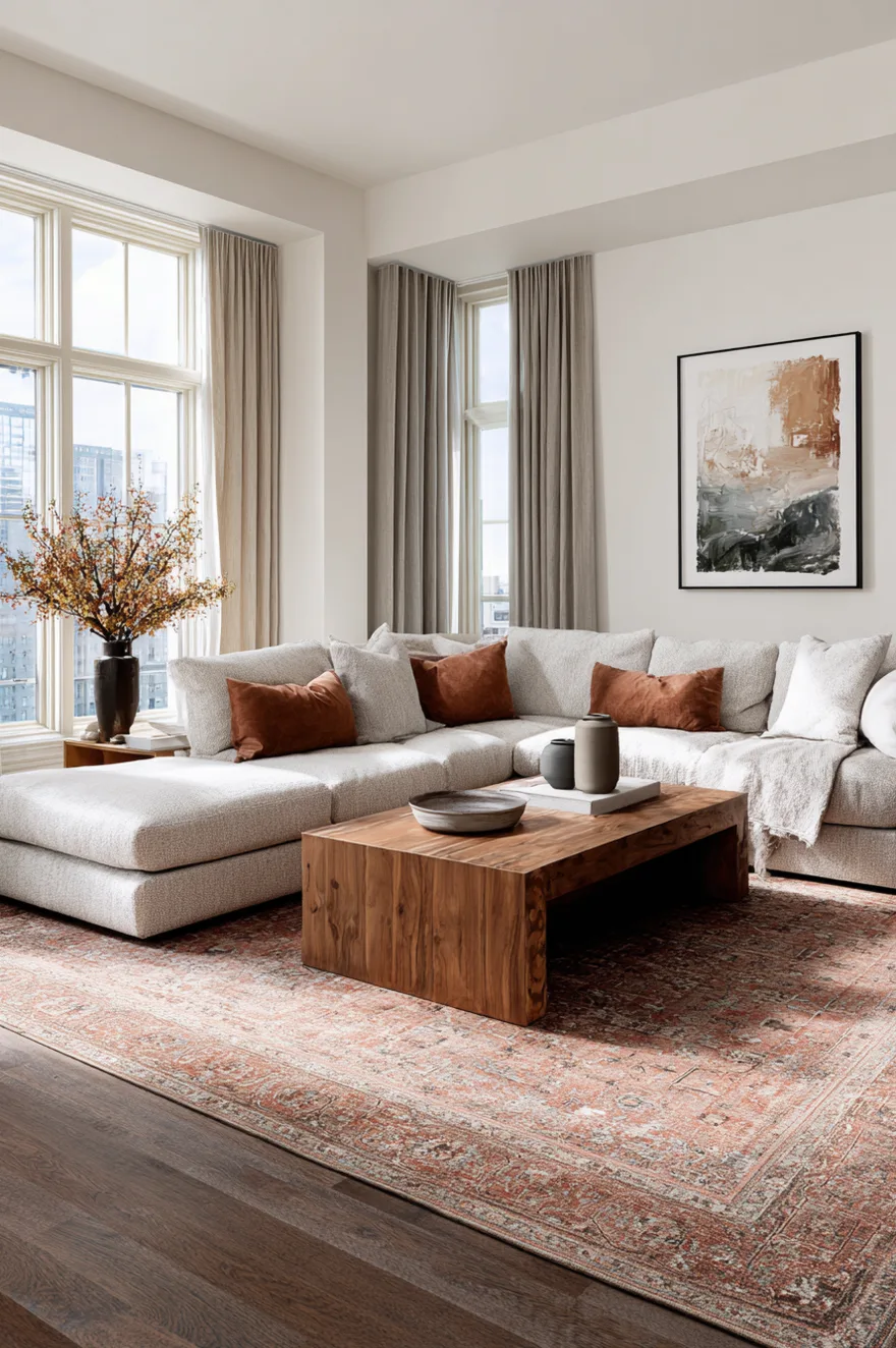 A modern living room with a large light gray sectional couch sitting on a large vintage inspired area rug in faded warm terracotta and neutral tones.