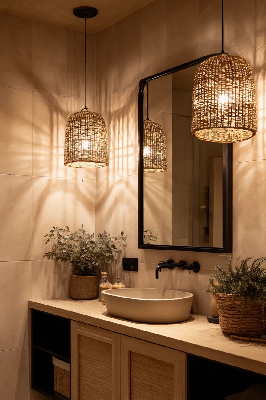 Two woven pendant lights hang above a light wood vanity with an oval vessel sink, a black-framed mirror, and matte black wall-mounted fixtures against beige textured walls.