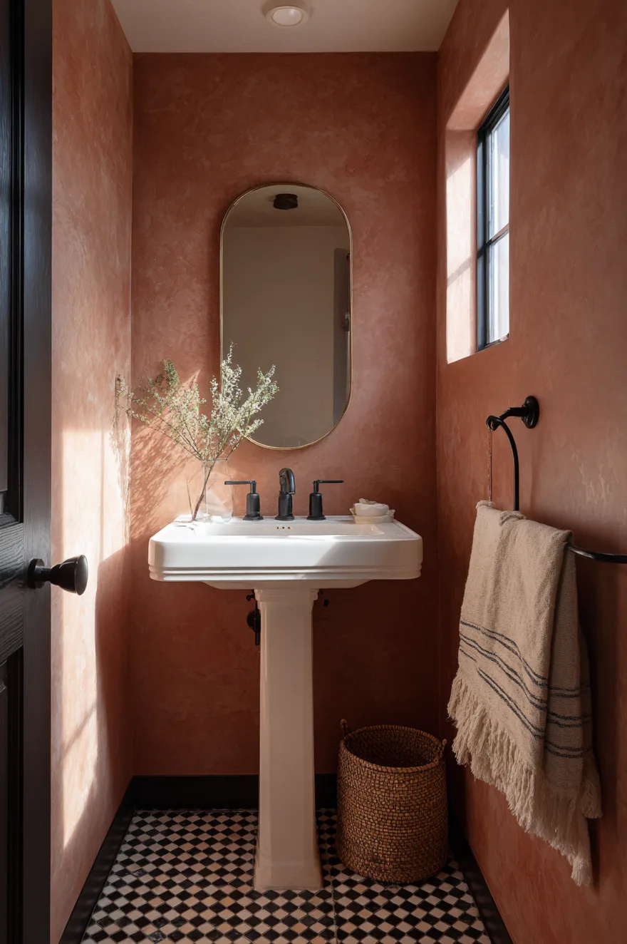 Matte black hex penny tile floor beneath a white pedestal sink with terracotta plaster walls, a brass-framed oval mirror, and a linen hand towel on a matte black ring in a small farmhouse bathroom.