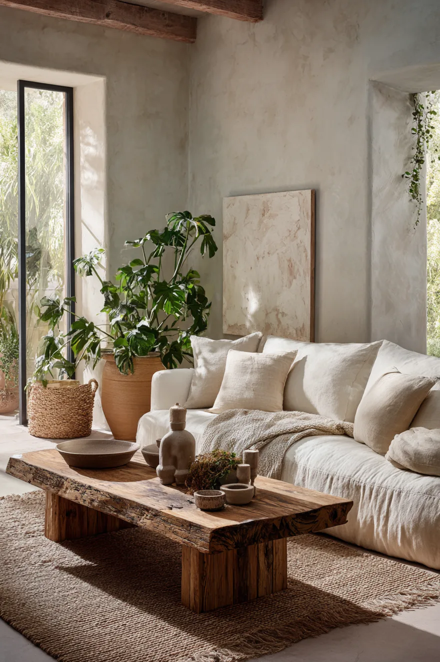 Earthy minimalist living room with dusty sage limewash walls, chunky jute rug, walnut slab coffee table, cream linen sofa, and a trailing pothos in a woven basket.