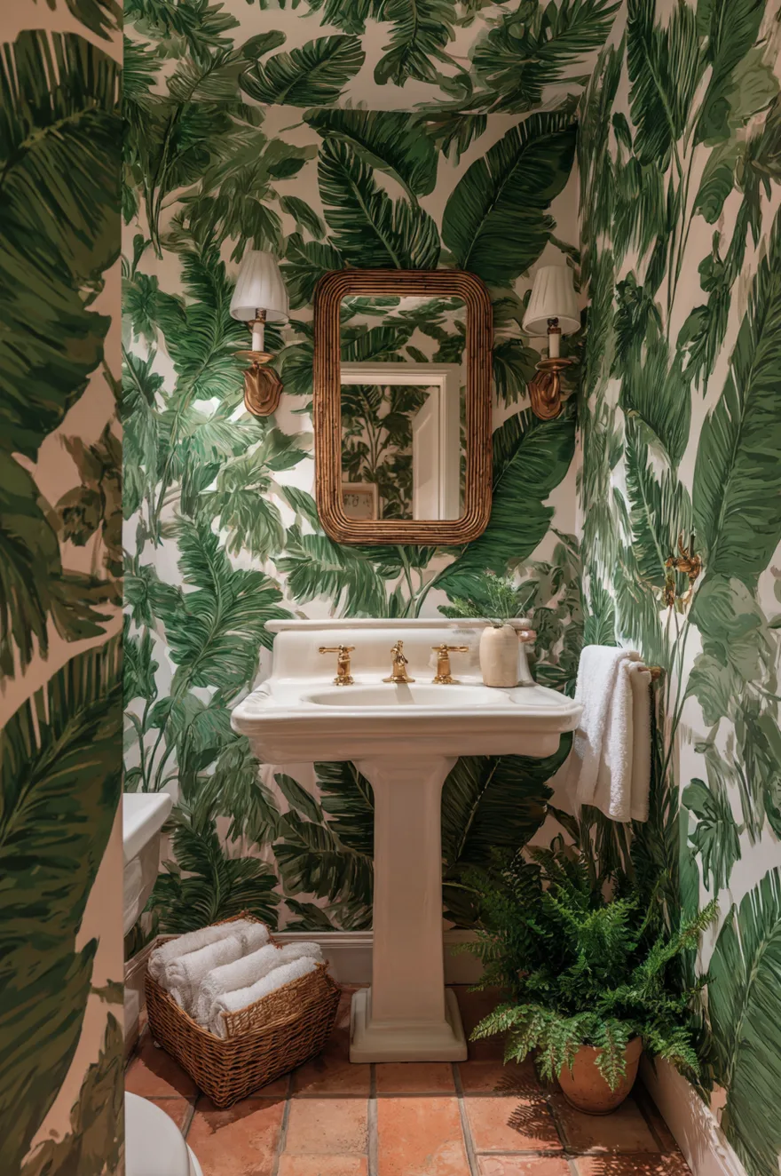 Powder room wrapped floor-to-ceiling in oversized tropical botanical wallpaper with a white pedestal sink, thin gold mirror, and terracotta tile floor.