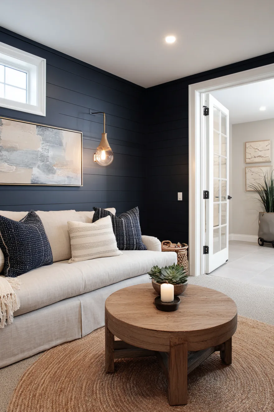 Finished basement accent wall in deep navy floor-to-ceiling shiplap with a linen sofa, jute rug, and warm brass pendant light overhead.