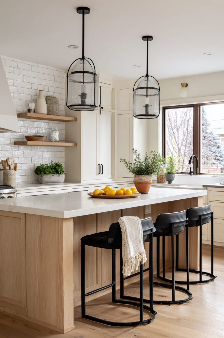 Matte black metal counter stools with footrest rings at a white oak kitchen island with subway tile backsplash and pendant lights above.
