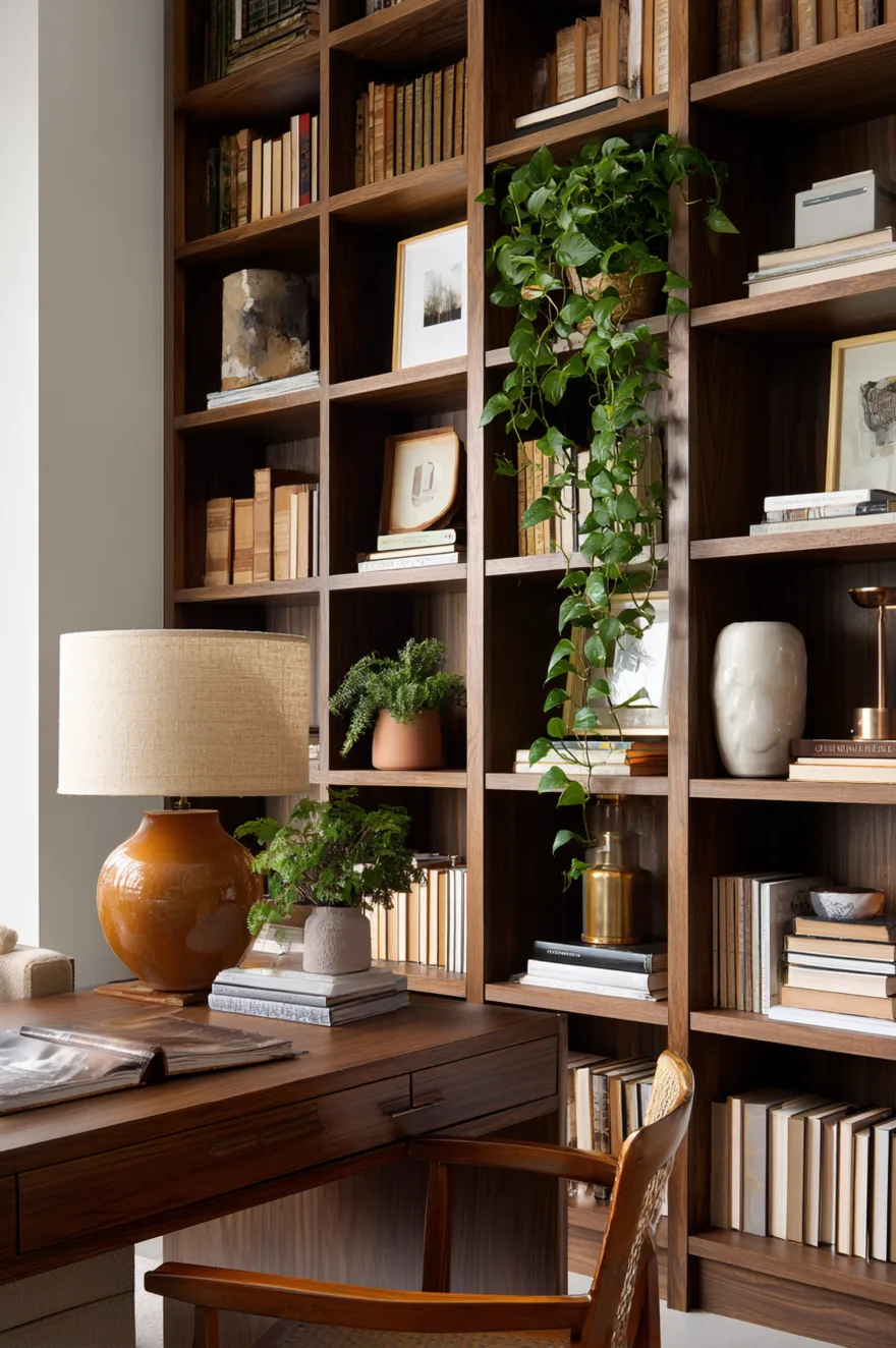 Wall-to-wall walnut-tone open shelving accent wall with reversed paperback spines, leaning framed prints, a trailing pothos, and a warm desk lamp creating a cozy home library feel.