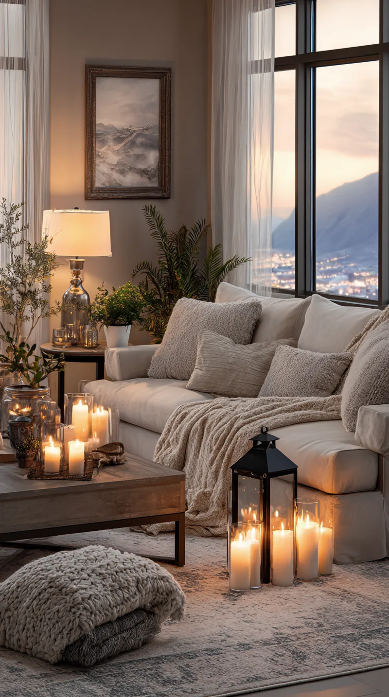 Coffee table styled with a group of lit pillar candles and a nearby warm table lamp in the background.