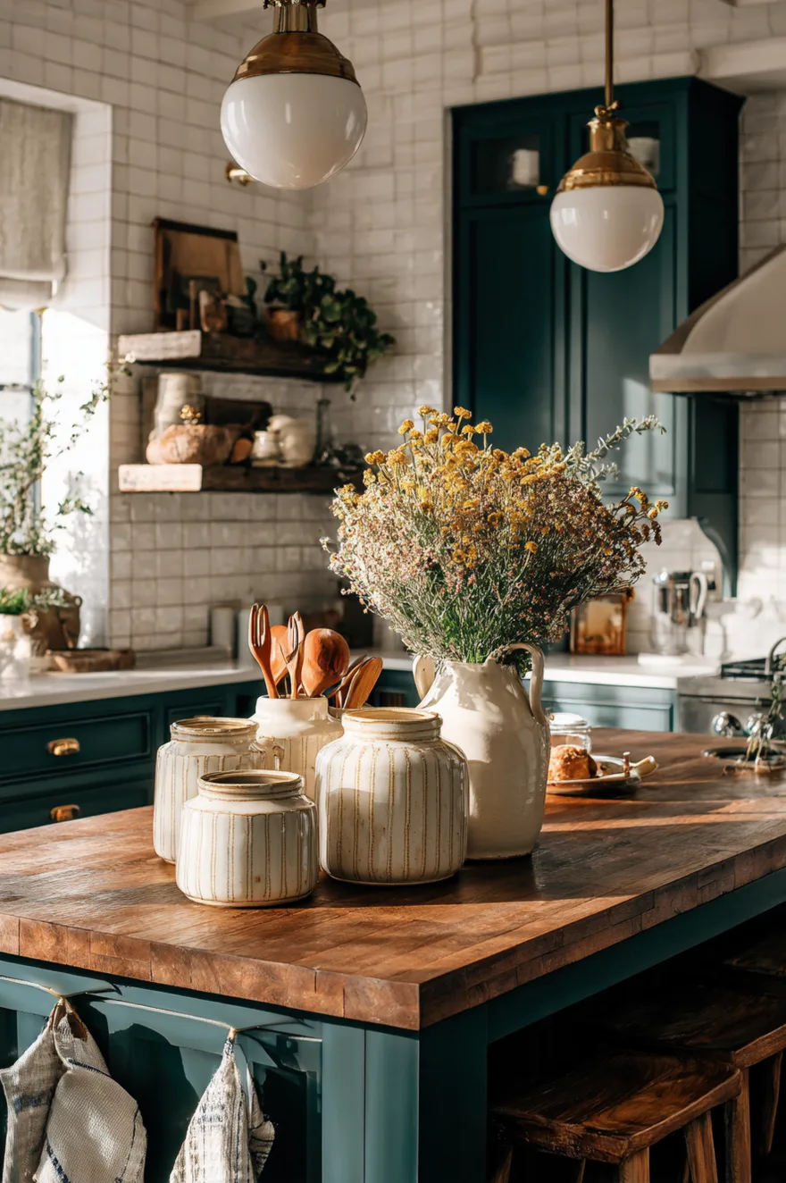 Light wood kitchen island countertop holding a cluster of three antique beige and brown glazed stoneware ceramic crocks, with one filled with wooden spoons and silicone spatulas, next to a small white linen towel.
