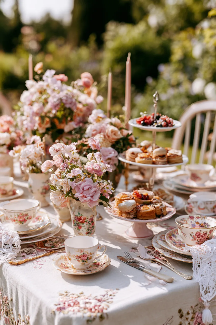 Whimsical outdoor tea party table featuring mismatched pastel floral teacups, embroidered vintage lace linens, small cake stands with pastries, and delicate candles.