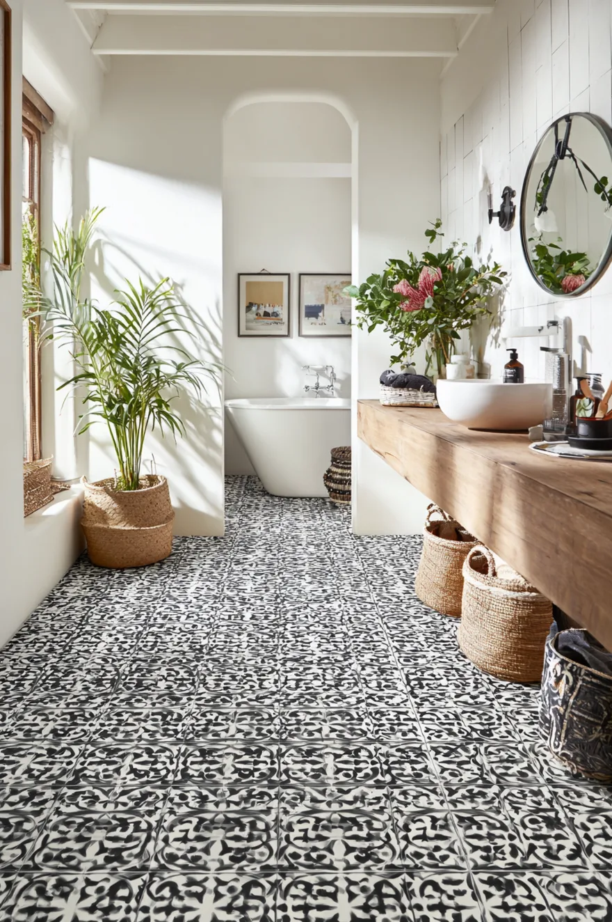 A spacious bathroom featuring a long rustic wood floating vanity and a white freestanding tub, grounded by highly detailed black and white patterned cement floor tiles.