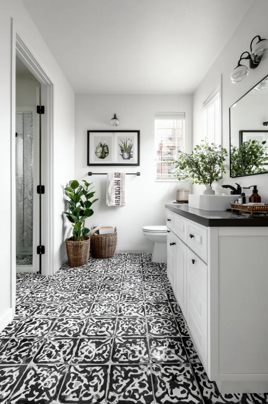 A bright bathroom with white cabinets and a black countertop, featuring a striking black and white patterned cement tile floor and decorated with green potted plants.