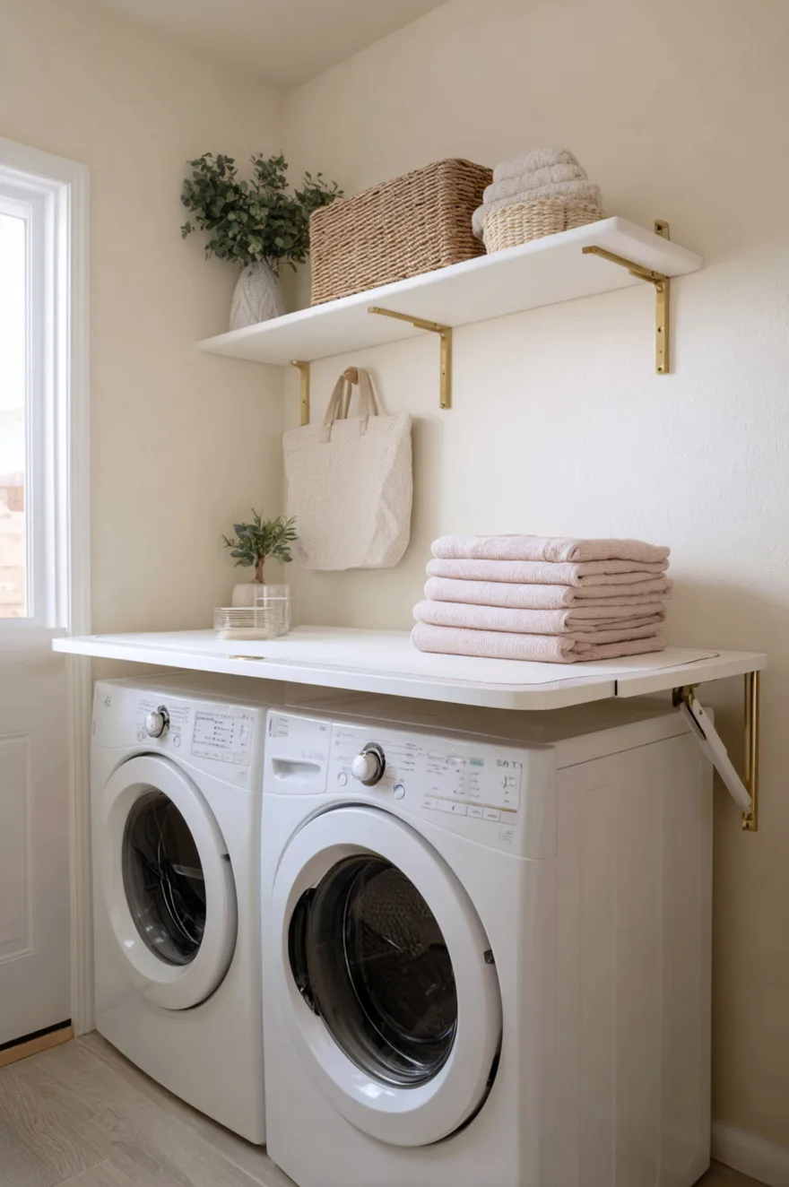 Wall-mounted drop-down folding table in a narrow laundry room shown in the open position.