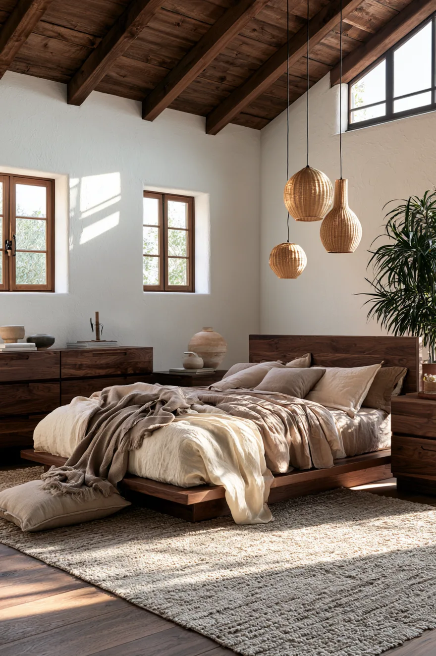 Large primary bedroom with a dark walnut platform bed, matching walnut dressers, a dark exposed wood beam ceiling, and three tiered woven rattan pendant lights hanging above.