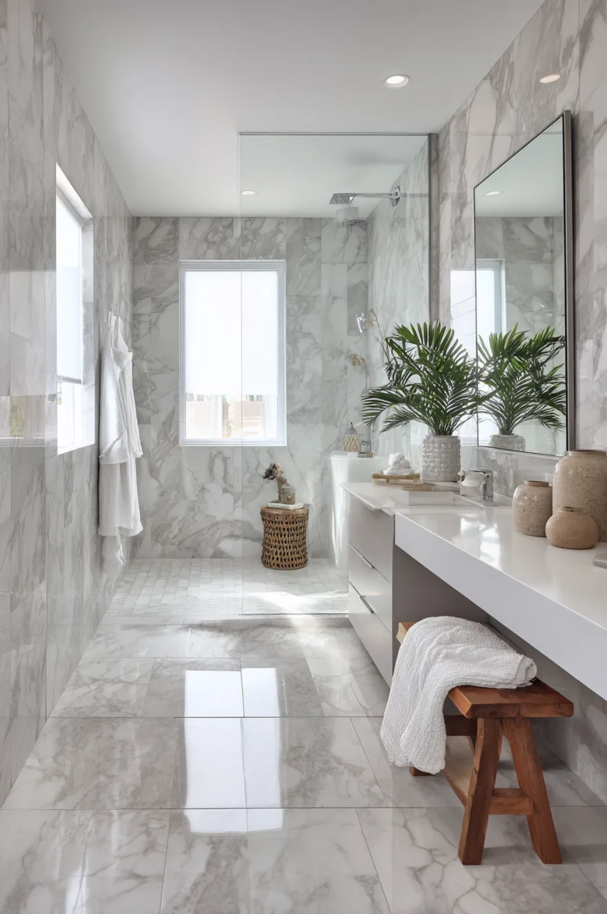 Luxurious bathroom where large square white marble look tiles with grey veining cover the floor and continue seamlessly up the main wall behind a dark teal blue vanity with gold hardware, two round gold mirrors, and gold sconces.
