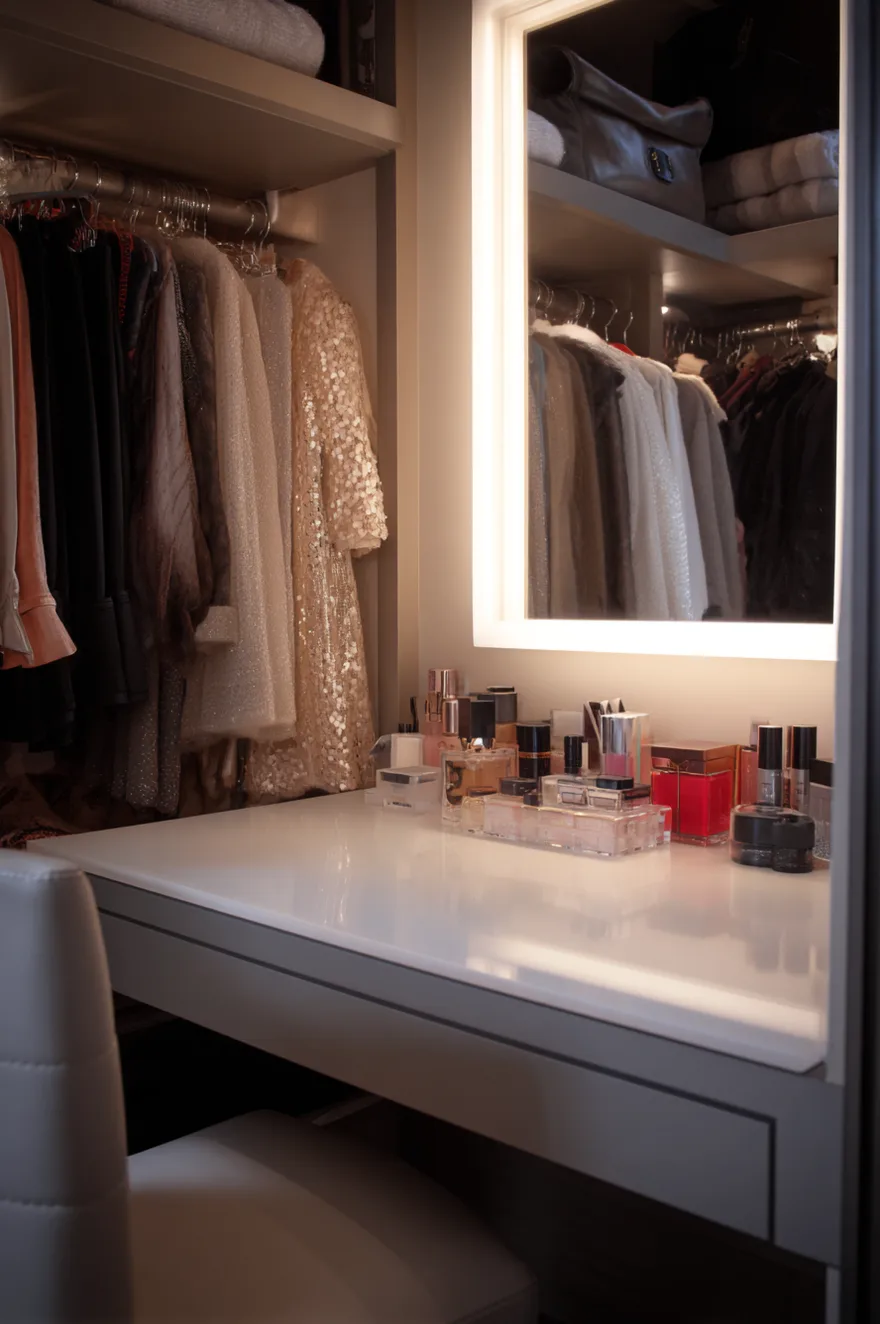 High-gloss white makeup vanity built into a walk-in closet space with a large backlit rectangular mirror, a grey leather chair, and acrylic trays holding perfumes, surrounded by hanging clothing.