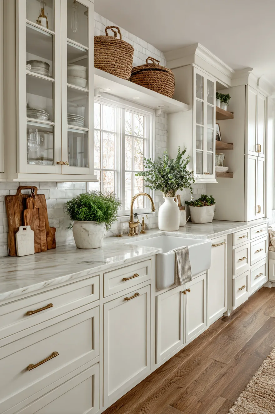 White shaker kitchen cabinets with a space above them decorated with three large round woven baskets, situated over a white farmhouse sink with a gold faucet and white marble countertops.