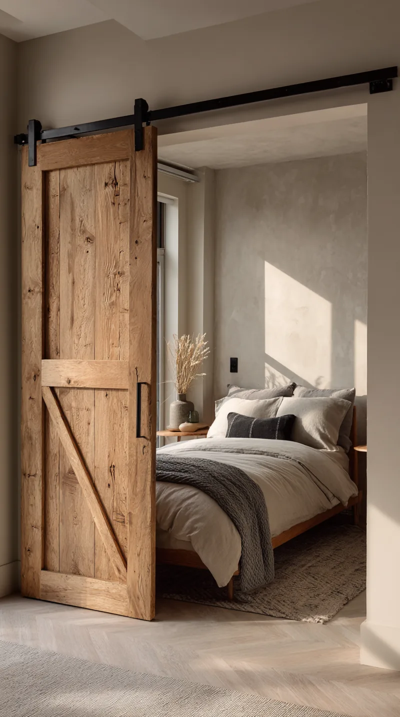 Rustic wooden sliding barn door opening to reveal a small bedroom with a cozy bed and herringbone floors.