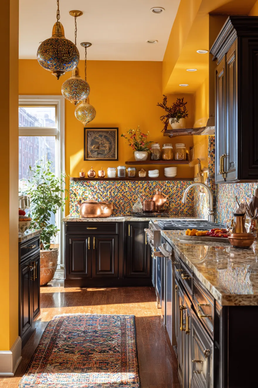 Vibrant kitchen featuring saffron yellow walls, dark wood cabinets, and colorful patterned tiles.