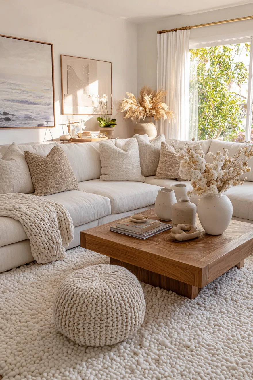 A relaxed living room setting showing a white sofa and a square wooden coffee table on a chunky white pebble textured carpet, featuring a matching knit floor pouf for extra casual seating.