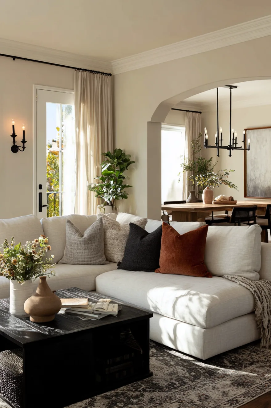 A living room interior featuring a warm beige sofa and a cool matte black modern lamp and coffee table base against a light beige wall.