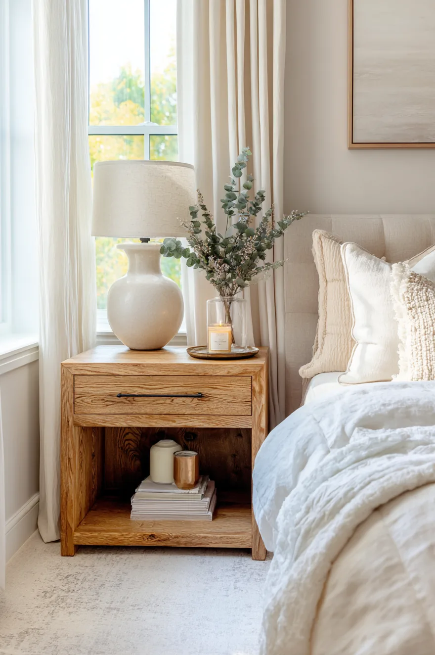 A close up of a styled natural wood nightstand featuring a large white ceramic lamp, a clear vase with eucalyptus branches, a lit candle, and a small stack of books on the lower shelf.