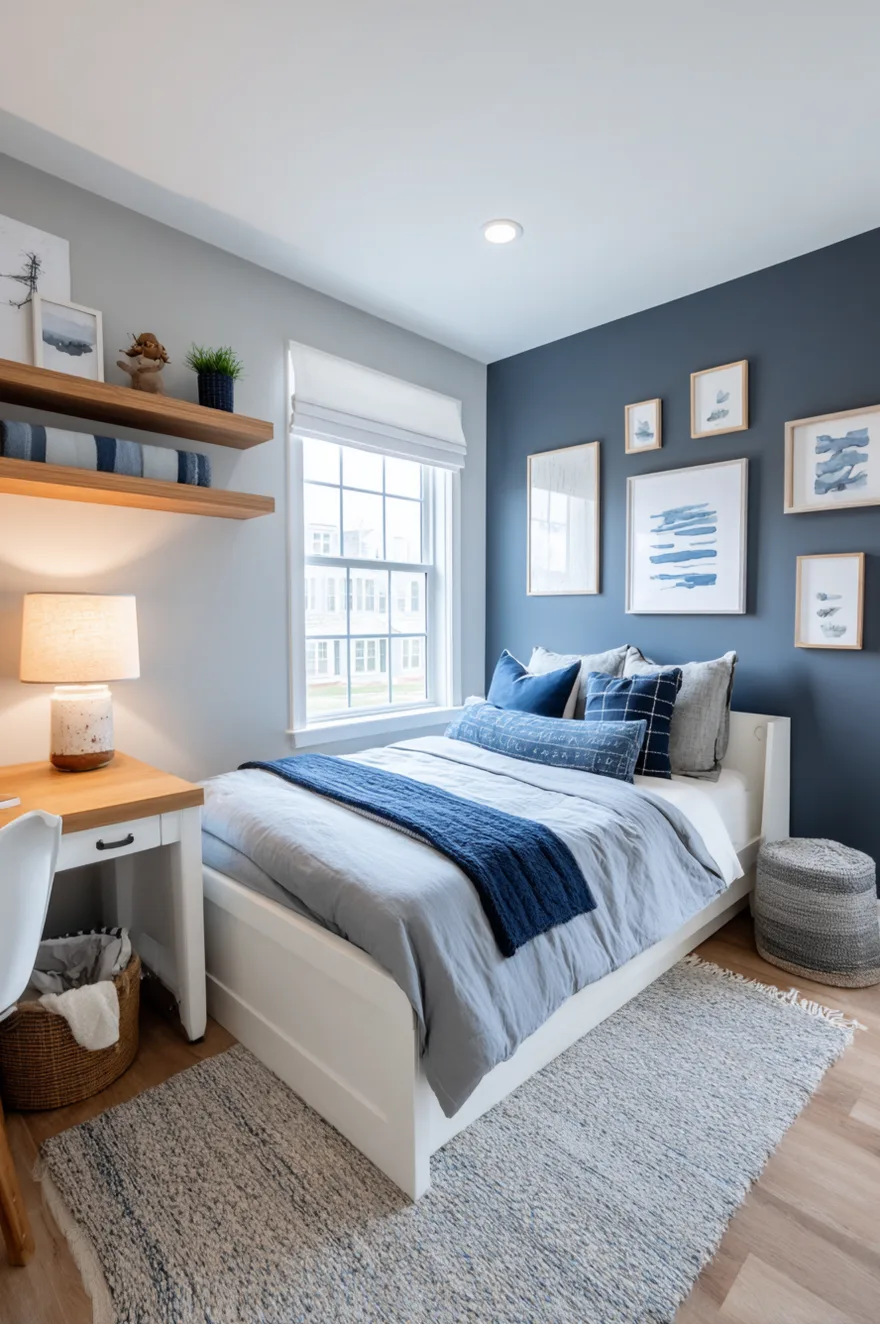 Boys bedroom featuring a dark blue-grey accent wall with framed abstract art, a white bed styled with blue and grey bedding, a small wood desk, and floating wood shelves holding decor.