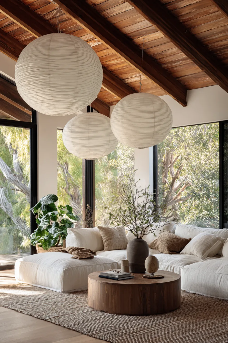 A large round ribbed white paper lantern pendant light hangs from the ceiling, viewed from below against neutral walls with blurred light wood furniture visible.