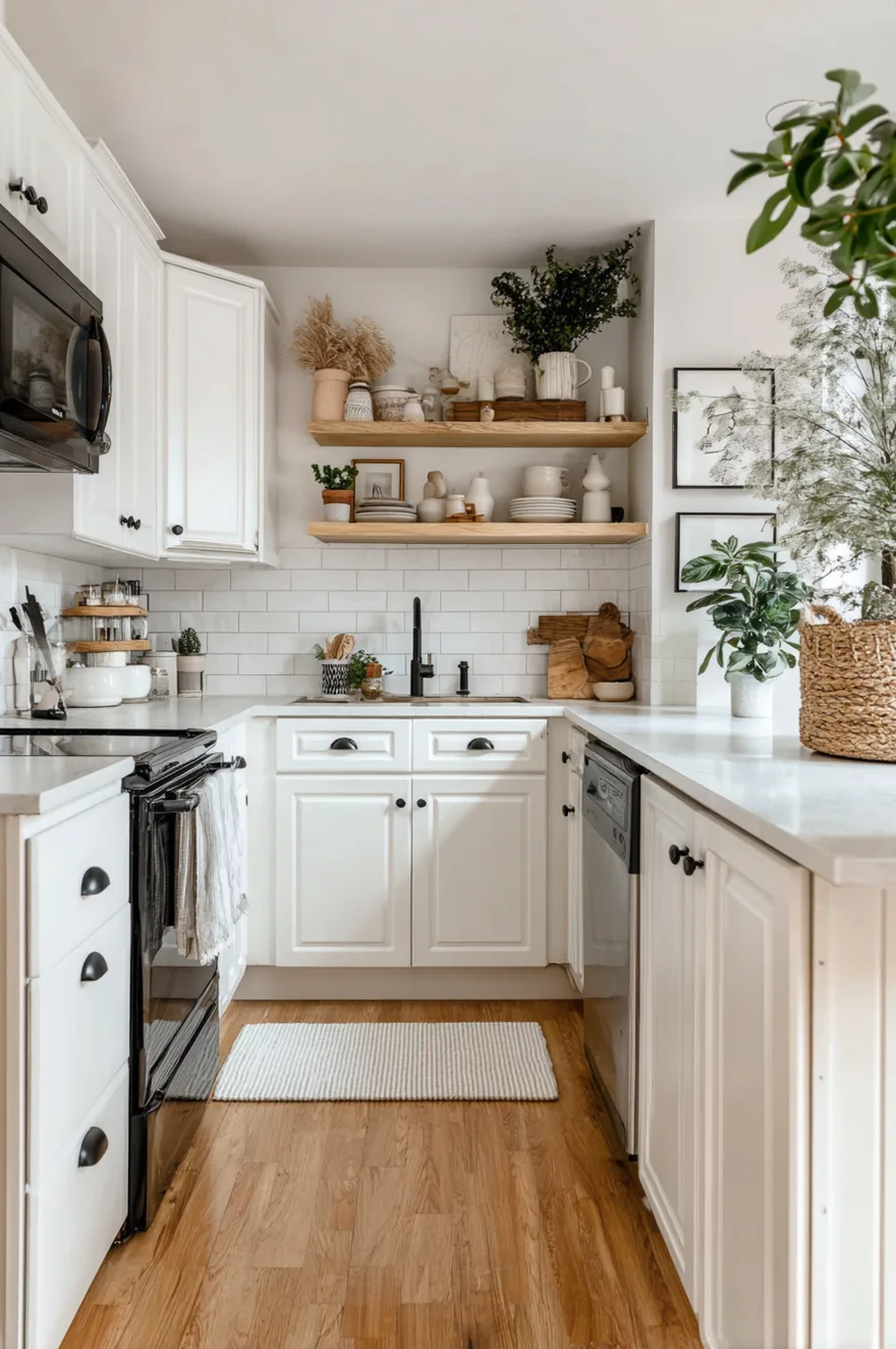 Small white kitchen with open wood shelves and white subway tile, styled simply on a budget.