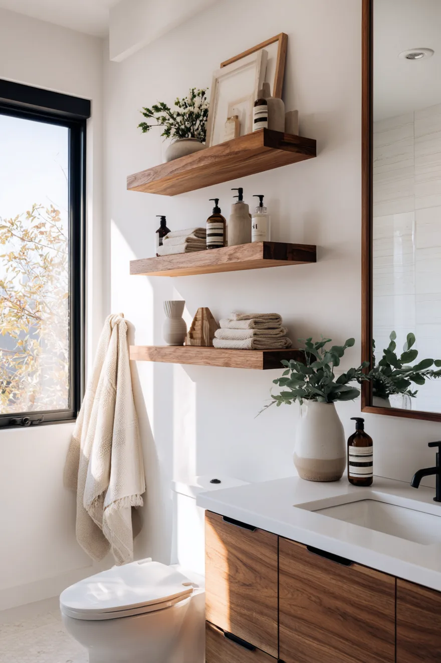 Styled bathroom shelves featuring a balanced mix of framed art, folded towels, and a vase of dried flowers.