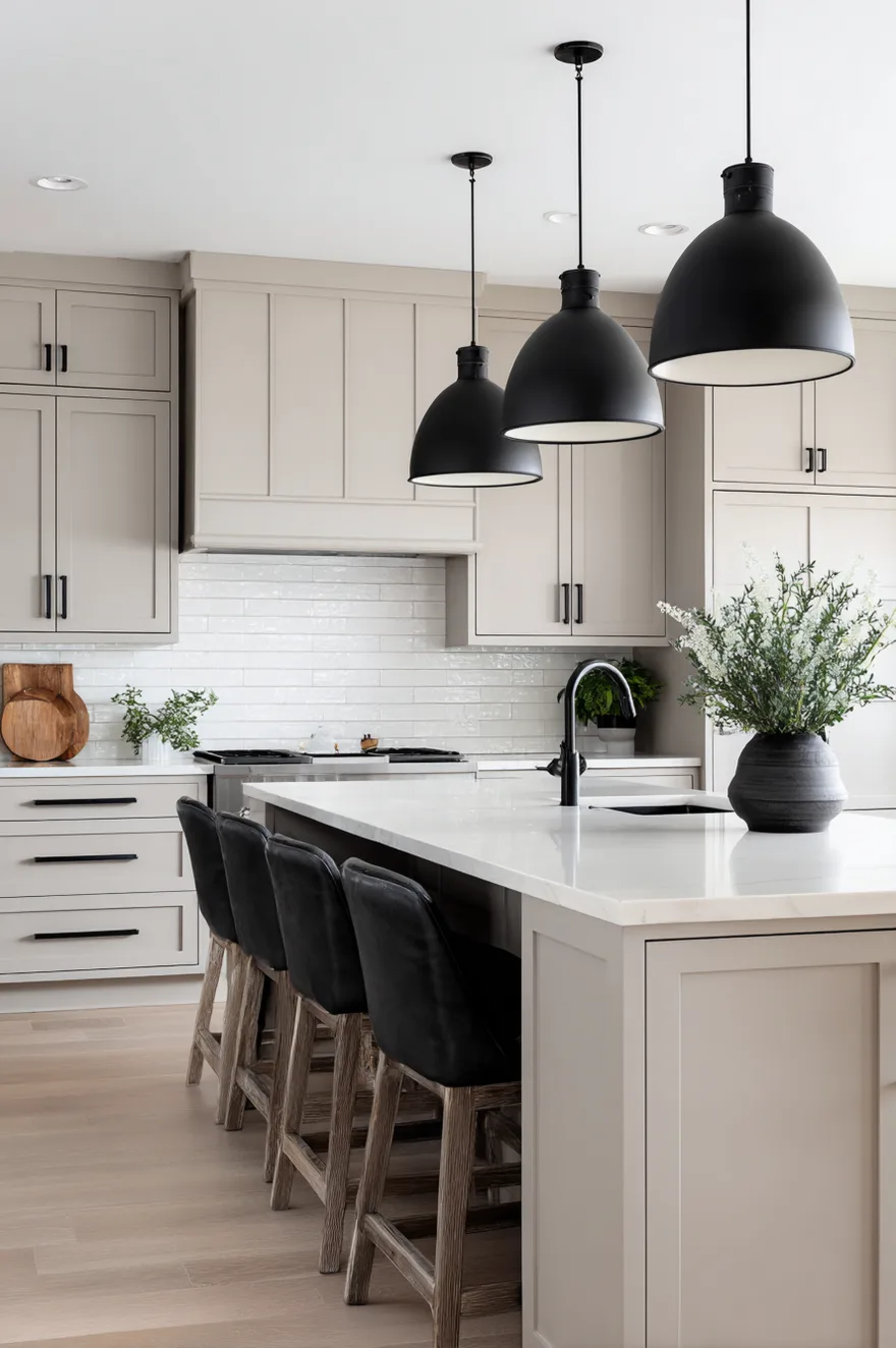 A white kitchen island base with a white countertop featuring black dome pendant lights hanging above with a darker taupe pantry unit visible in the background.