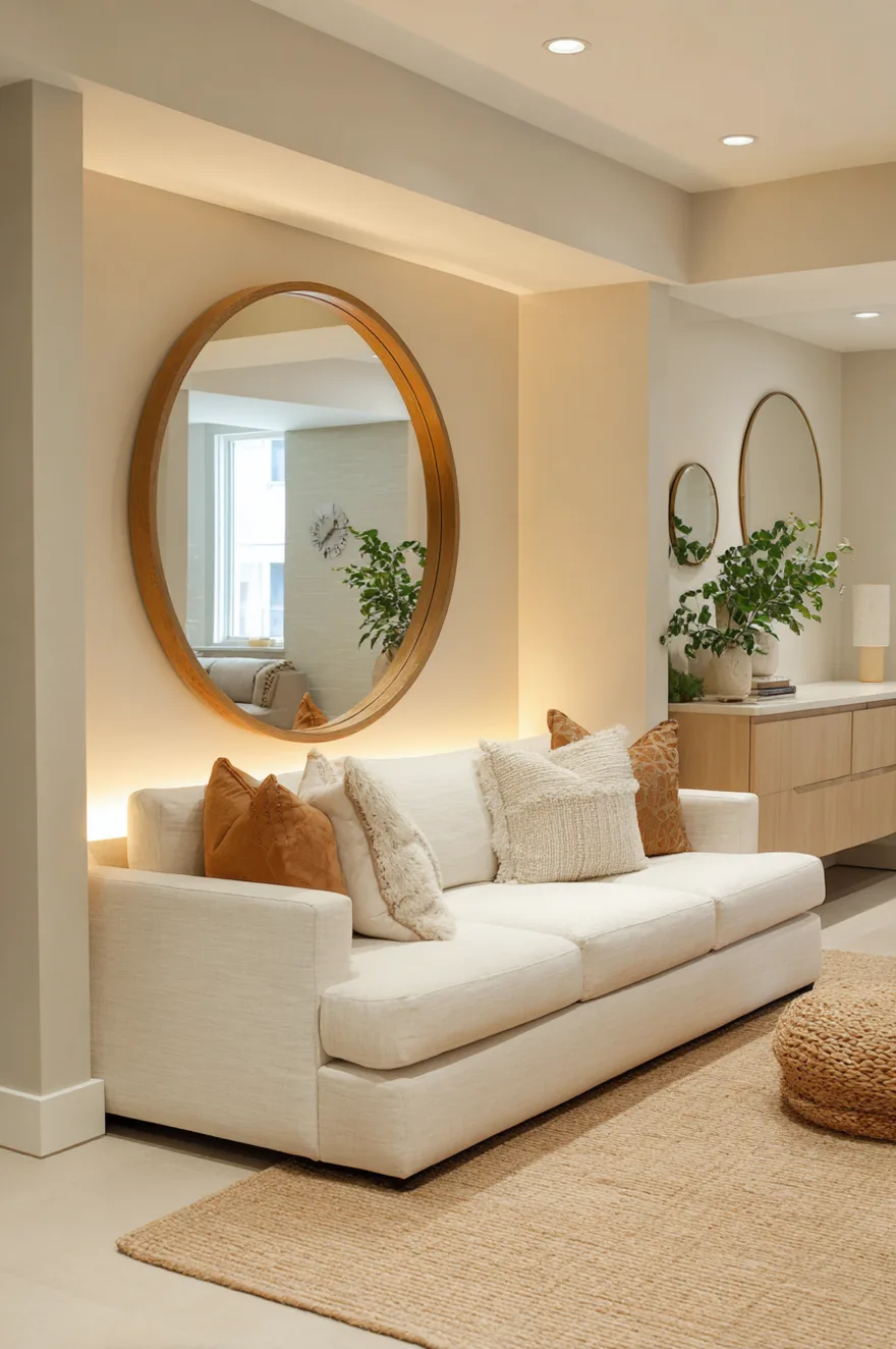 Finished basement with an oversized leaner mirror opposite an egress window, two circular mirrors on an adjacent wall, and warm LED strip lighting under a floating media console.