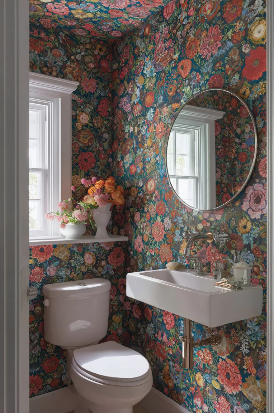 Maximalist powder room with jewel-tone multi-color floral wallpaper in emerald, rust, and cobalt on every wall, with matte white fixtures as a visual resting point.