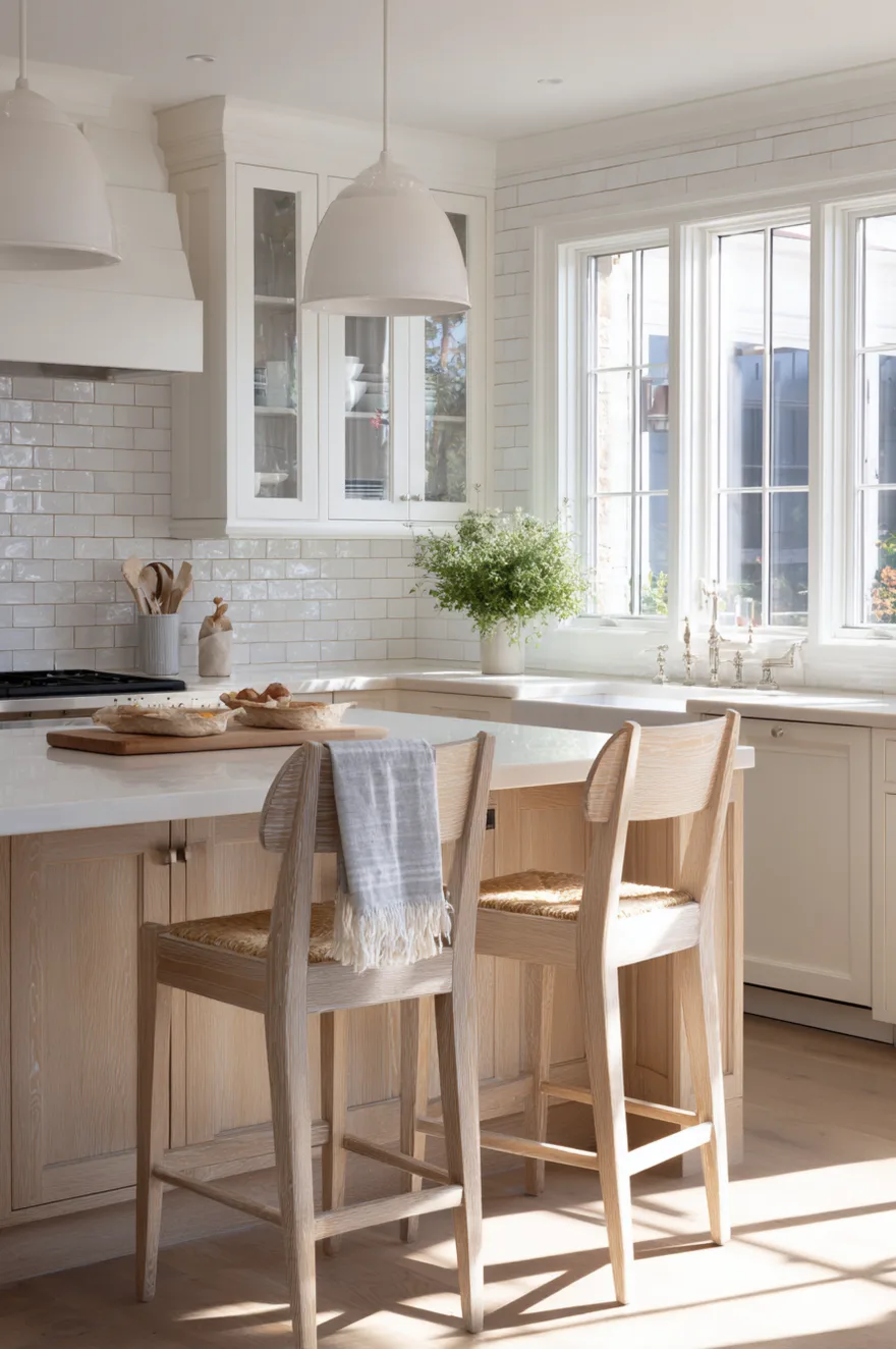 Low-back white oak counter stools with a subtle arch detail at a tile-to-ceiling subway tile kitchen island with ceramic pendant lights and a small herb plant on the counter.