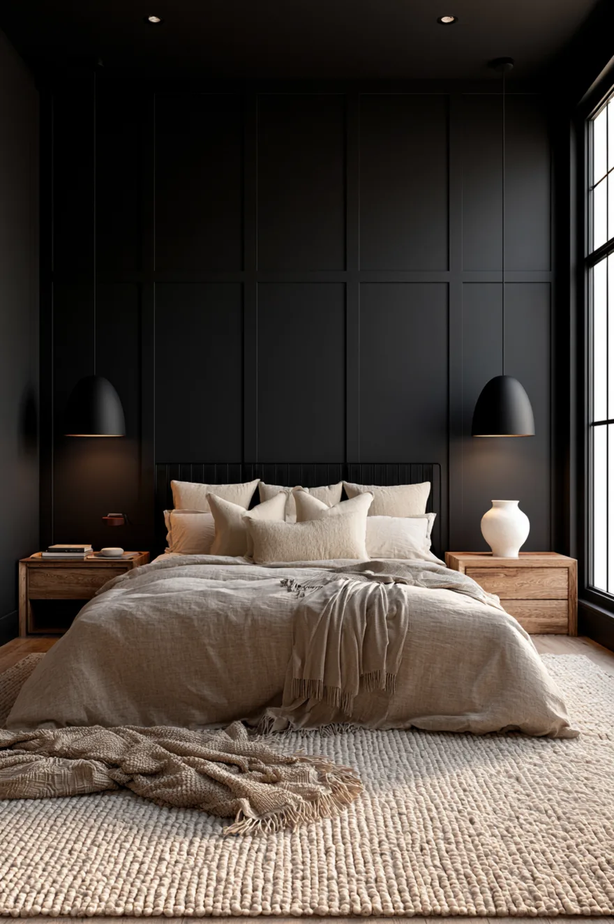 Moody Japandi master bedroom with a floor-to-ceiling black board and batten feature wall, two low-hanging matte black dome pendant lamps, a low bed with beige linen sheets, oak nightstands, and a chunky knit rug.