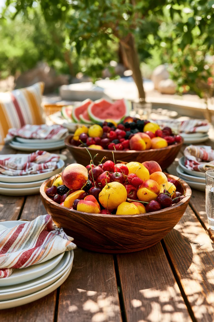 Long outdoor table covered with a blue striped linen runner, holding a large white ceramic bowl piled high with fresh peaches, green apples, and cherries.