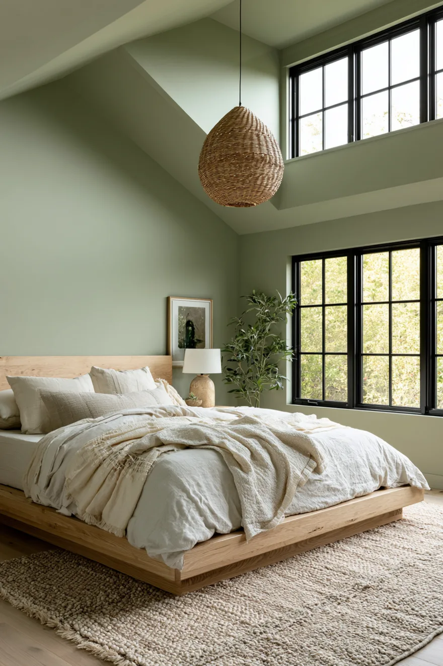 Color drenched bedroom with soft sage green painted walls and matching sloped ceiling, featuring a low oak platform bed with white linen bedding, a textured loop area rug, black grid windows, and a teardrop rattan pendant light.