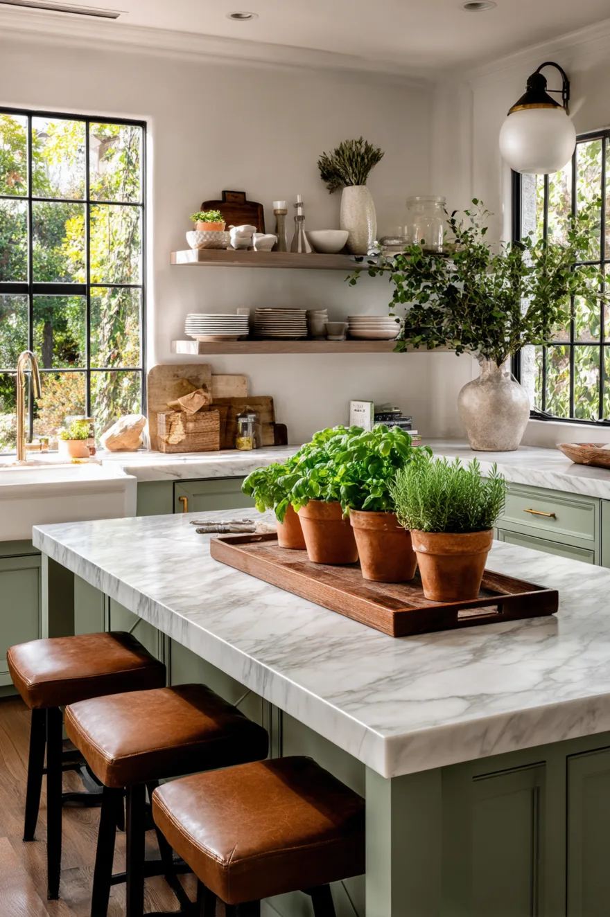 A row of three terracotta pots containing fresh green herbs like basil and rosemary, lined up neatly inside a shallow rectangular wooden tray on a white marble kitchen island countertop.