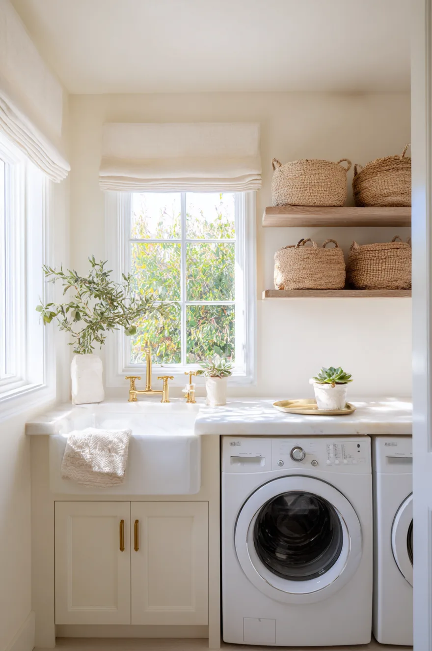 Small laundry room layout featuring a bright window above the washing machines with a roman shade.