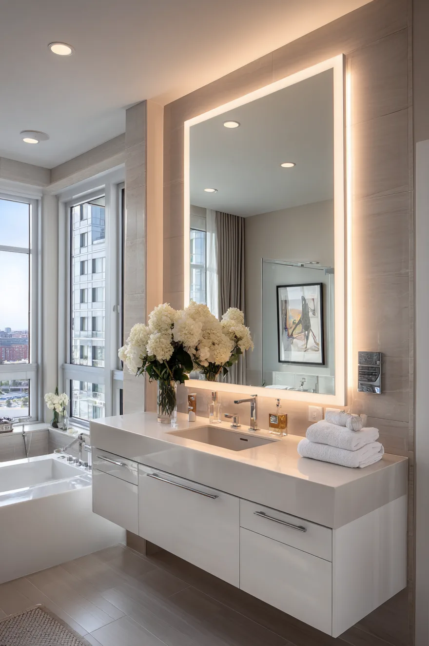 A modern luxury bathroom showcasing a white floating vanity under a large rectangular smart mirror with integrated bright LED edge lighting next to a built in bathtub.