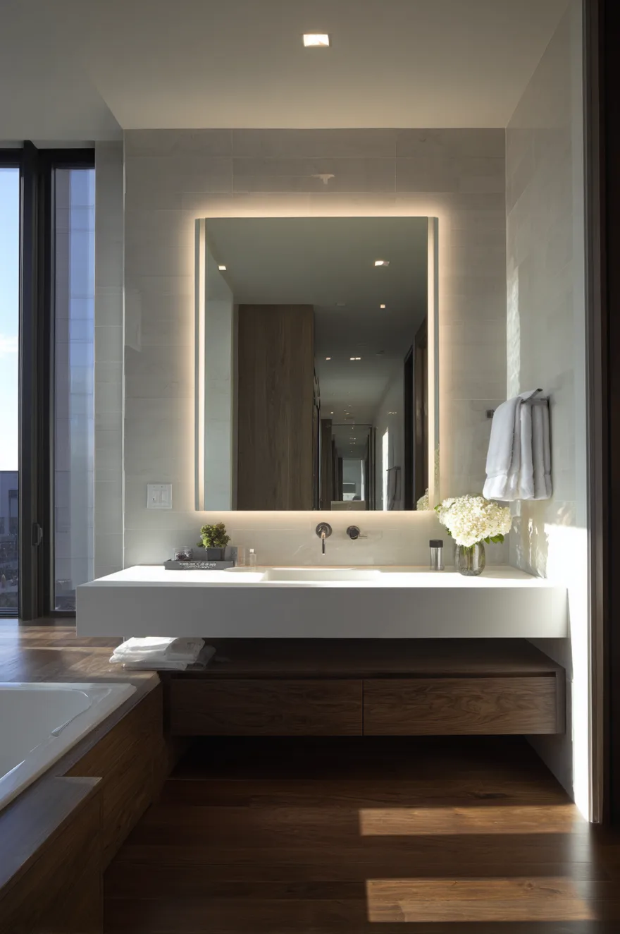 A contemporary bathroom featuring a thick white countertop over dark wood floating drawers, highlighted by a large rectangular smart mirror with bright vertical LED lighting on the sides.
