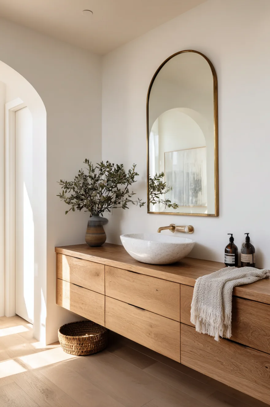 A bright bathroom vanity featuring a light wood floating cabinet, a white stone vessel sink with a brass wall-mounted faucet, and a tall gold-framed arched mirror reflecting a doorway.