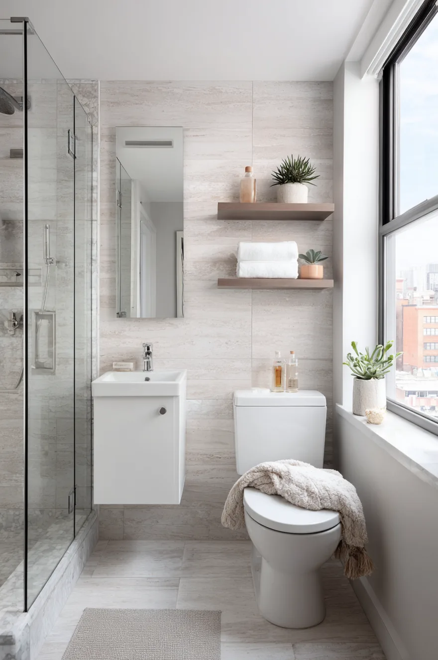 A small bright bathroom featuring light grey linear floor and wall tiles, a compact white floating vanity, a white toilet with a textured towel draped over it, and floating wood shelves holding white towels and small plants.