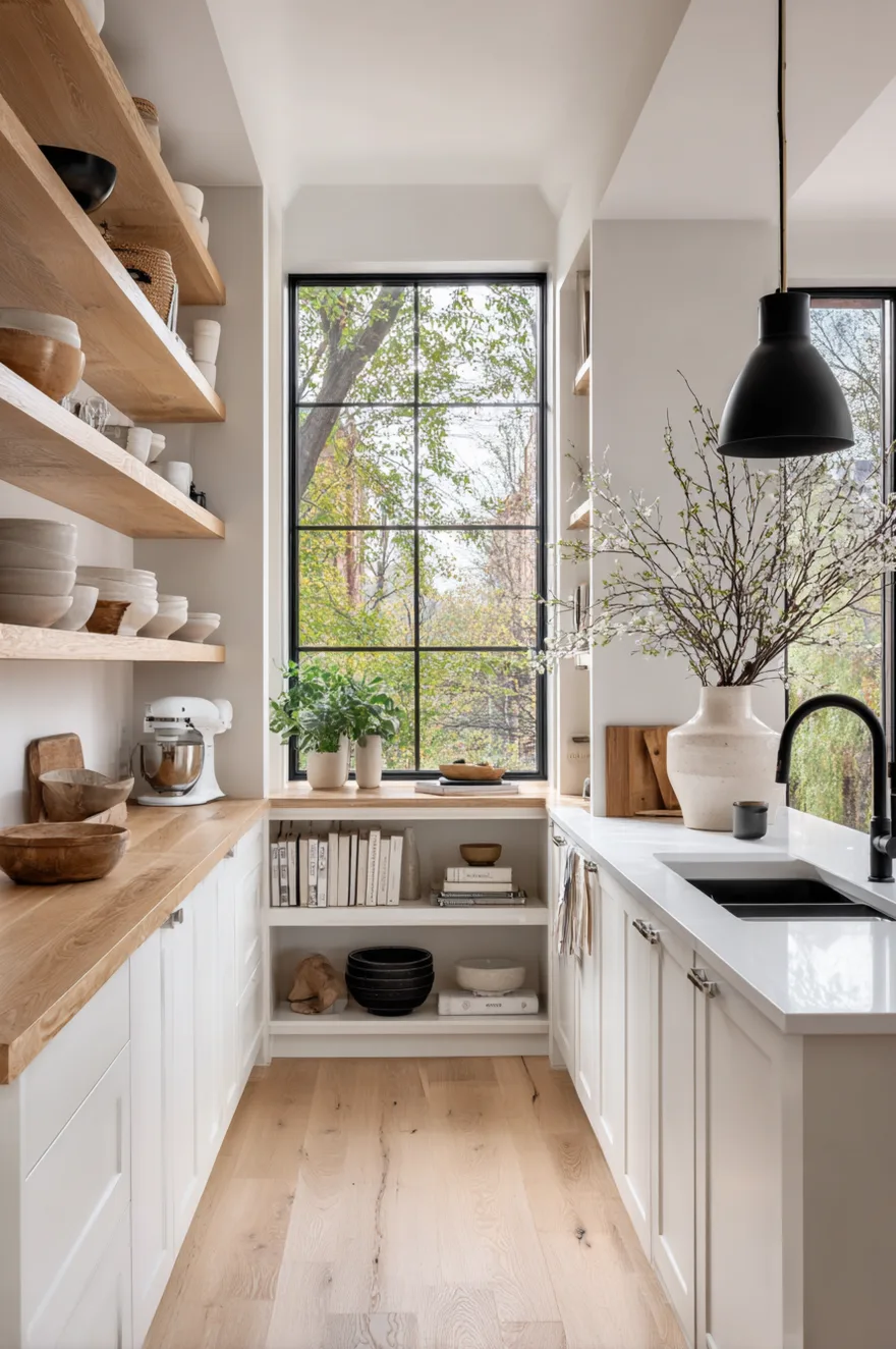 Sunlit scandinavian kitchen with a large black framed window overlooking trees and white cabinetry with wood counters.