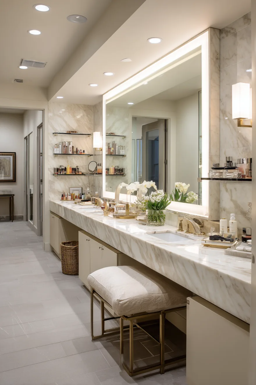 Long white marble double bathroom vanity with a lowered central makeup counter, a beige upholstered stool, brass fixtures, and a large backlit rectangular mirror surrounded by glass floating shelves displaying cosmetics.