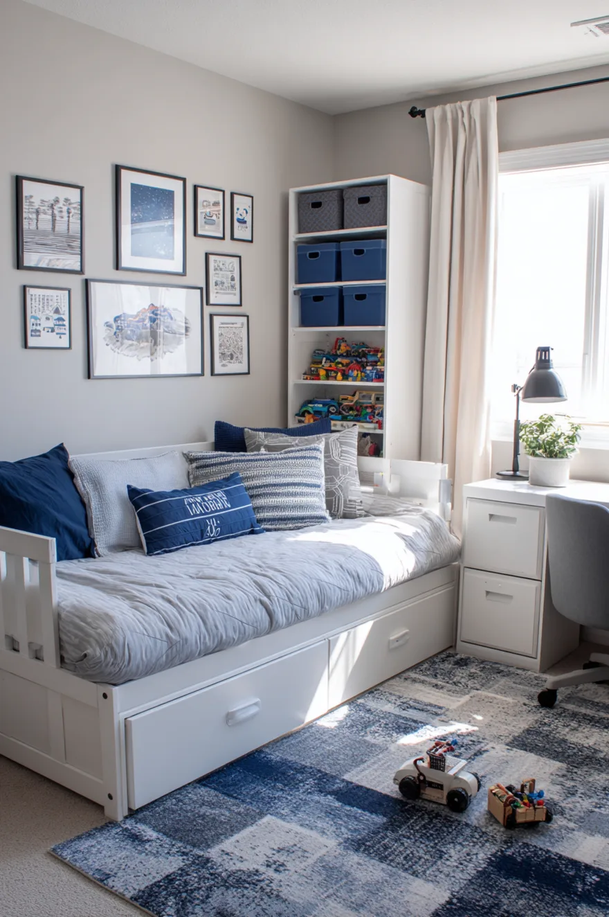 Boys bedroom with a white storage daybed styled with grey and blue pillows, a tall white bookcase holding blue storage bins and toys, a white desk with drawers, and a blue patterned area rug.