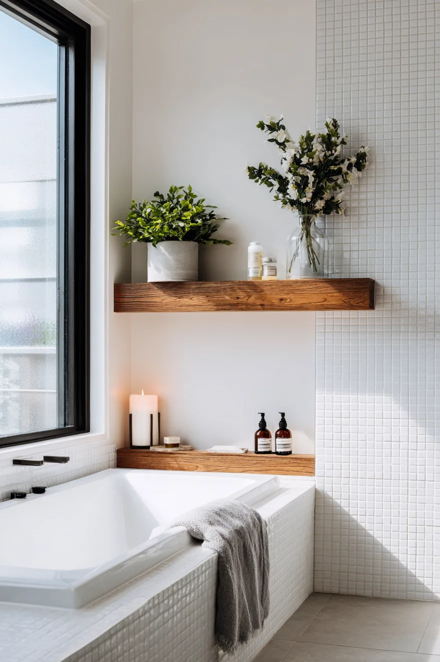 Modern wood floating shelf above a white bathtub styled with plants, candles, and bath salts.
