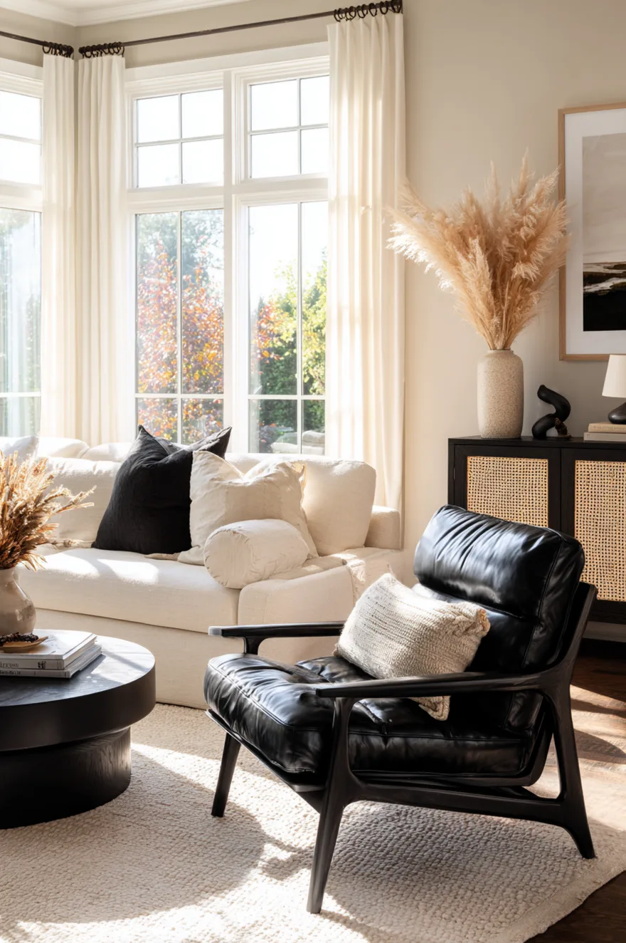 A black leather sling accent chair with a wooden frame positioned at an angle next to a light beige sofa on a textured rug.