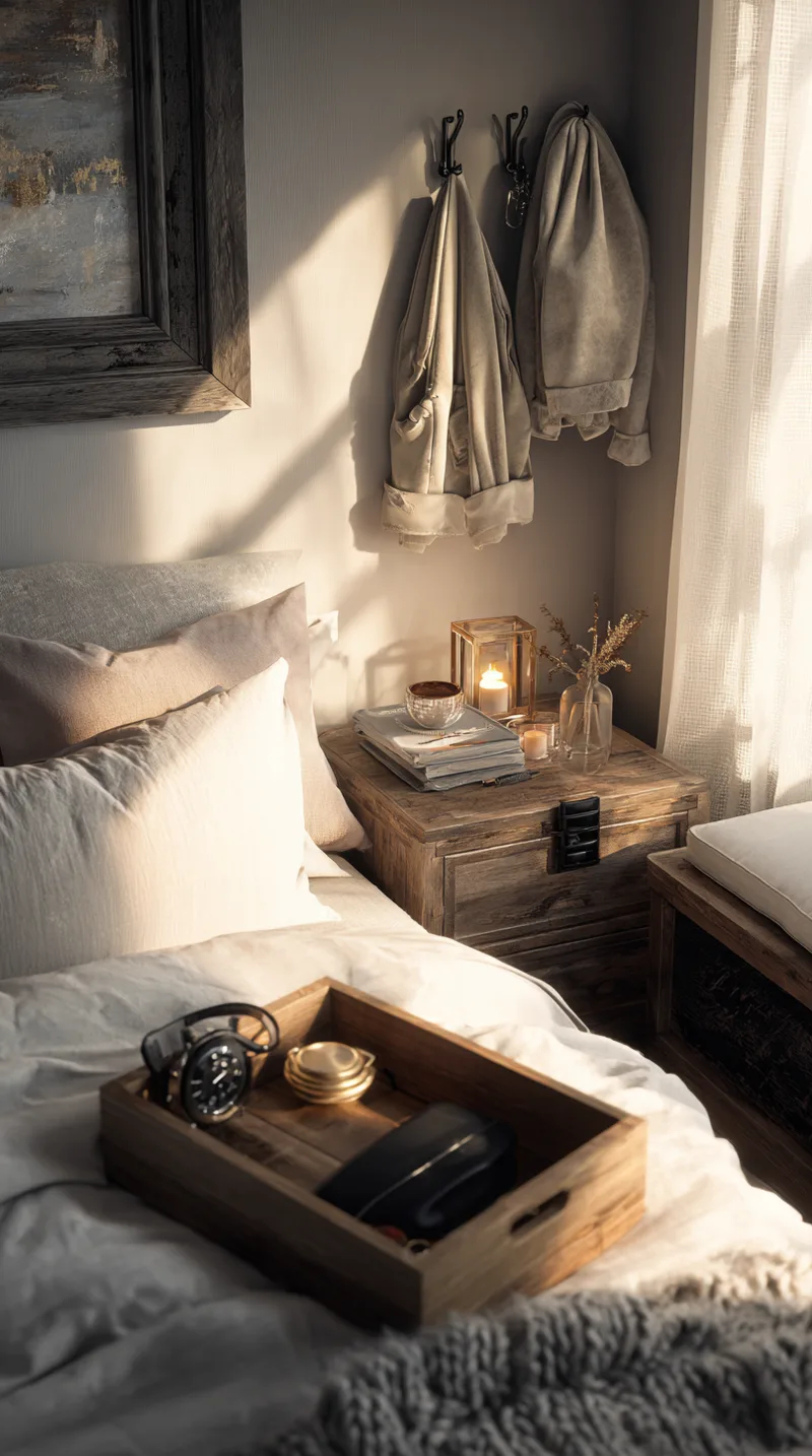 Sunlight hitting a rustic wooden nightstand and a breakfast tray on a bed, with clothes hanging on wall hooks above.